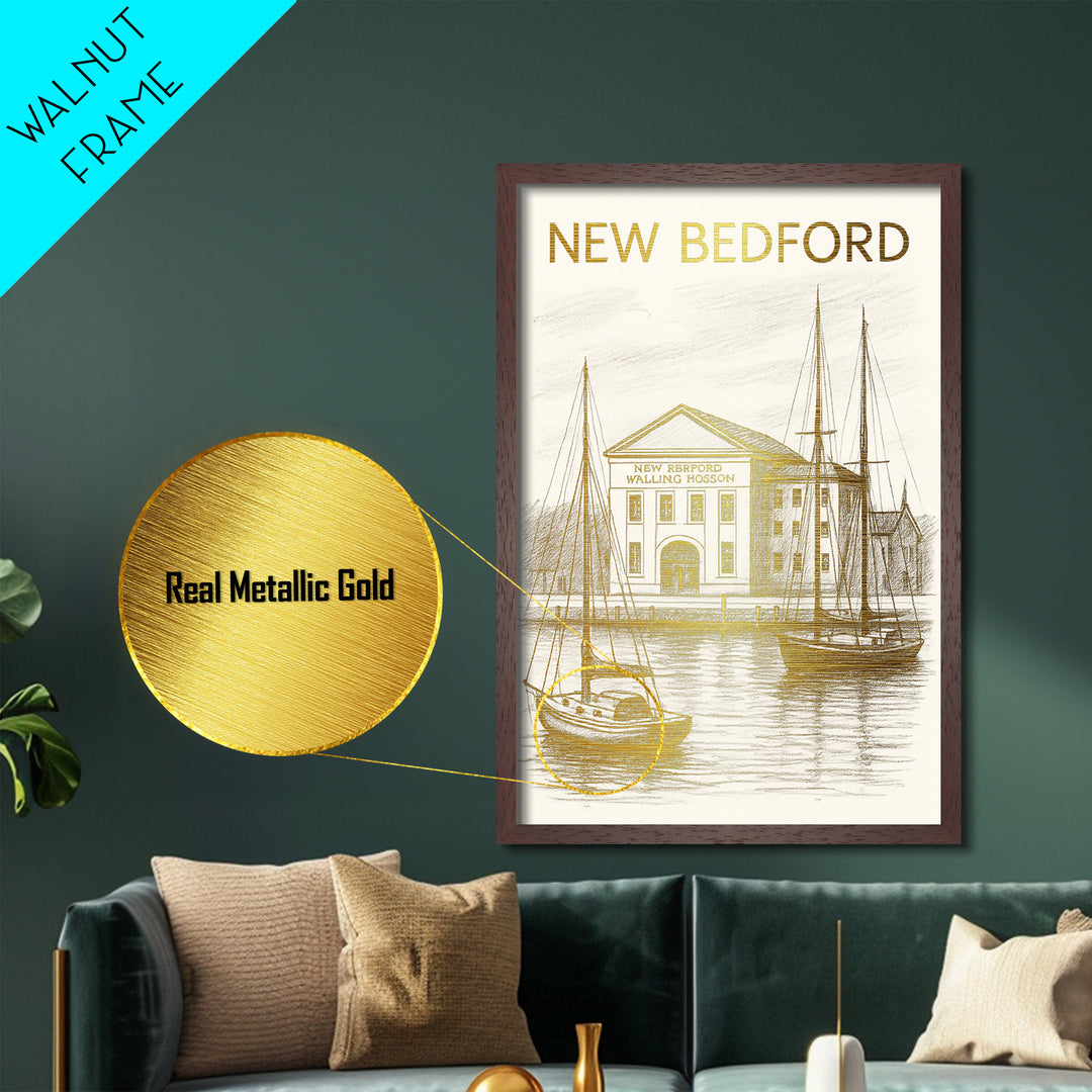 New Bedford Massachusetts travel, Metallic Gold Print, Modern House Art, Metal Art, Wood Framed Art, Traveler Gift, Destination Gift