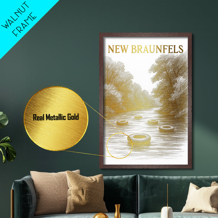 New Braunfels Texas travel, Metallic Gold Print, College Dorm Décor, Metal Art, Wood Framed Art, Graduation Travel Gift, Traveler Gift