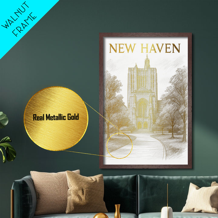 New Haven Connecticut travel, Metallic Gold Print, Modern Skyline Wall Print, Metal Art, Wood Framed Art, Adventure Lover Gift