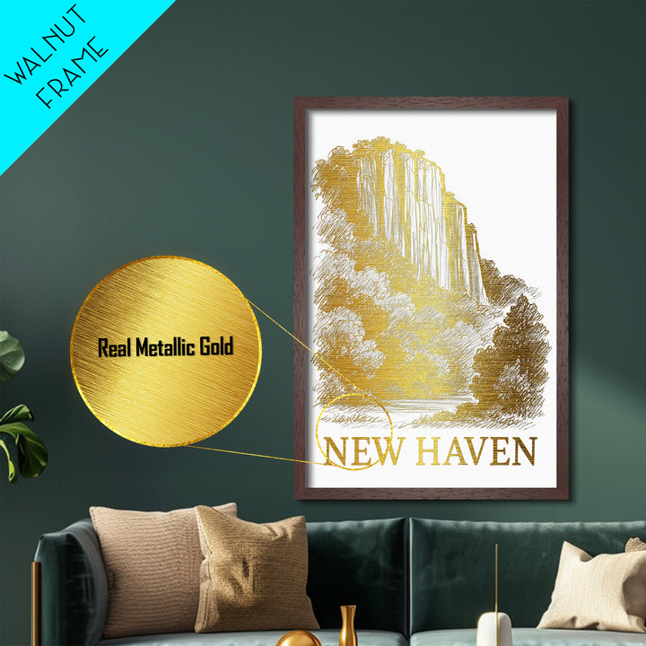 New Haven Connecticut art, Metallic Gold Art, Housewarming Gift, Metal Art, Wood Framed Art, Newlywed Travel Gift, Honeymoon Gift