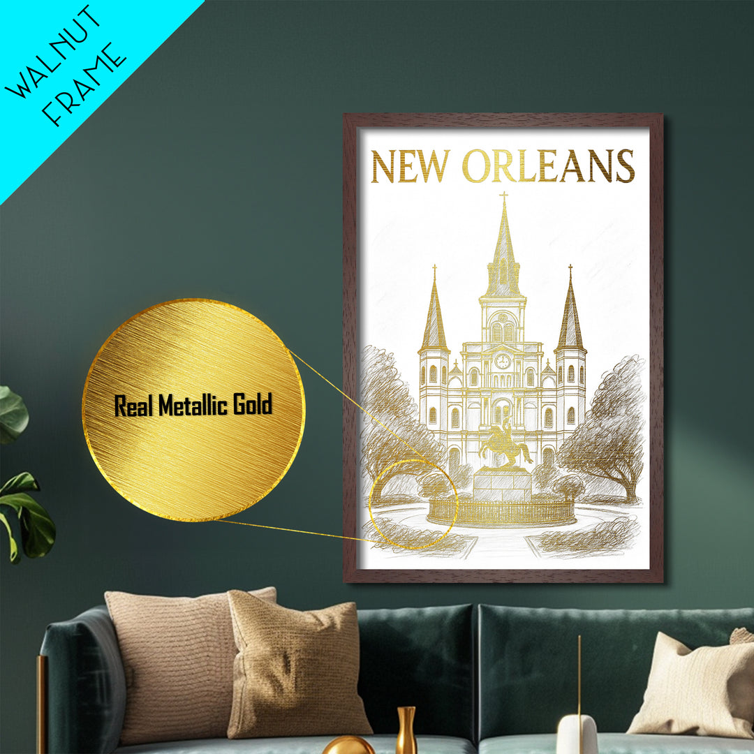 New Orleans Louisiana travel, Metallic Gold Print, Closing Gift, Metal Art, Wood Framed Art, Anniversary Travel Gift, Retirement  Gift