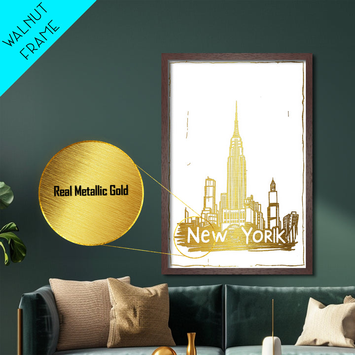 New York New York travel, Metallic Gold Print, Modern Skyline Wall Print, Metal Art, Wood Framed Art, Adventure Lover Gift, Travel Gift