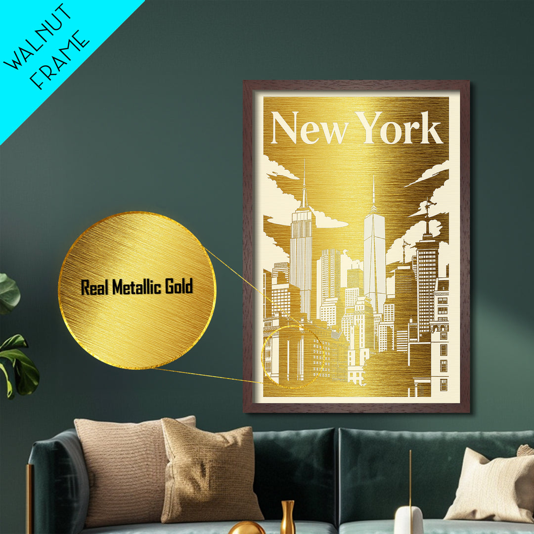 New York New York art, Metallic Gold Art, Office Decor, Metal Art, Wood Framed Art, Graduation Travel Gift, Destination Gift
