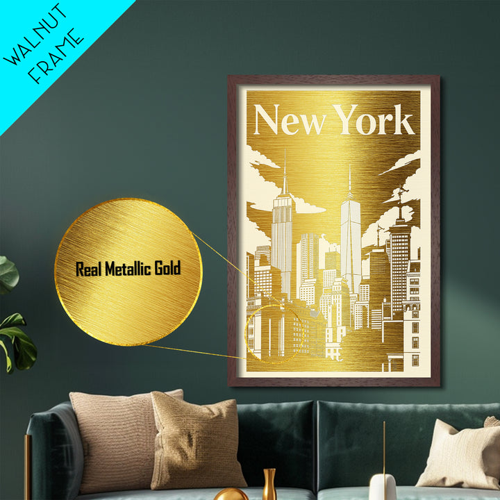New York New York art, Metallic Gold Art, Office Decor, Metal Art, Wood Framed Art, Graduation Travel Gift, Destination Gift