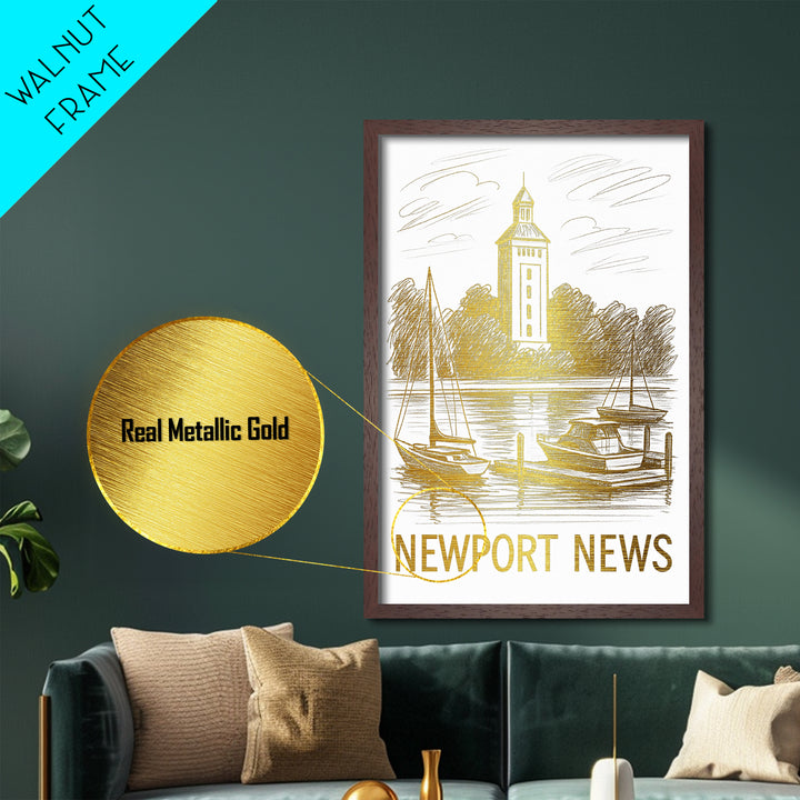 Newport News Virginia art, Metallic Gold Art, Travel Art Prints, Metal Art, Wood Framed Art, Adventure Lover Gift, Traveler Gift