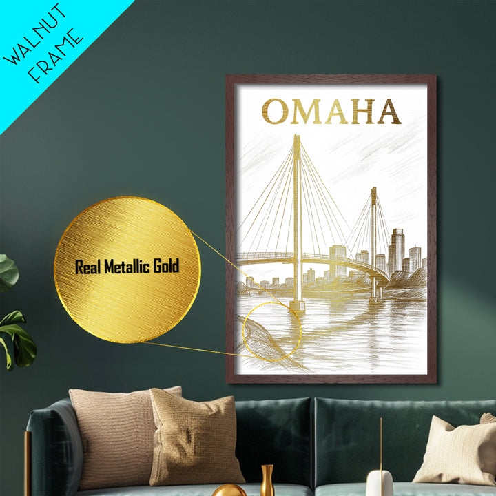 Omaha Nebraska travel, Metallic Gold Print, Modern House Art, Metal Art, Wood Framed Art, Traveler Gift, Destination Gift