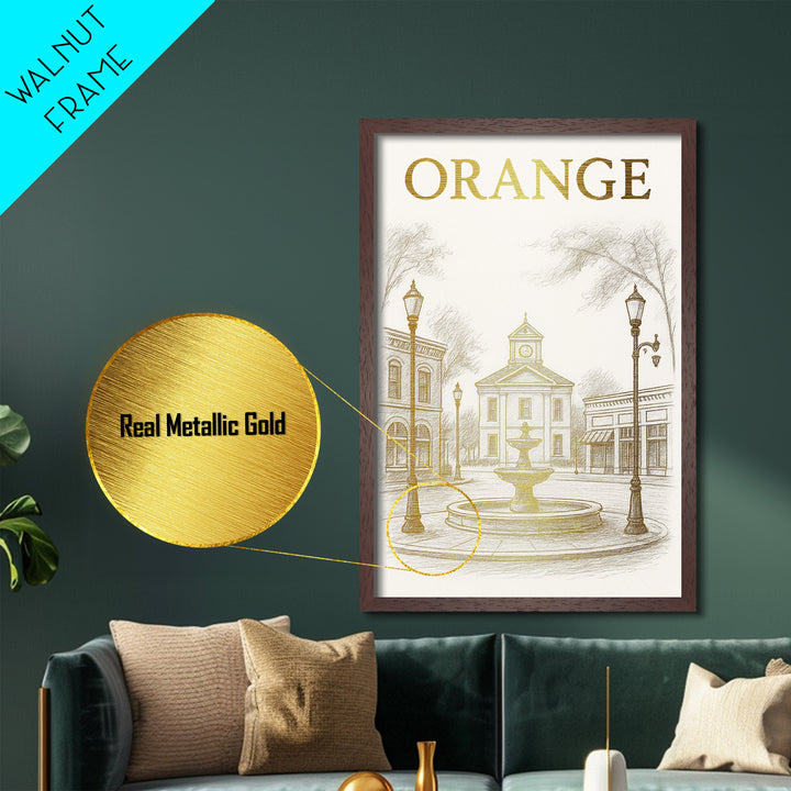 Orange California travel, Metallic Gold Print, Modern Skyline Wall Print, Metal Art, Wood Framed Art, Adventure Lover Gift, Travel Gift
