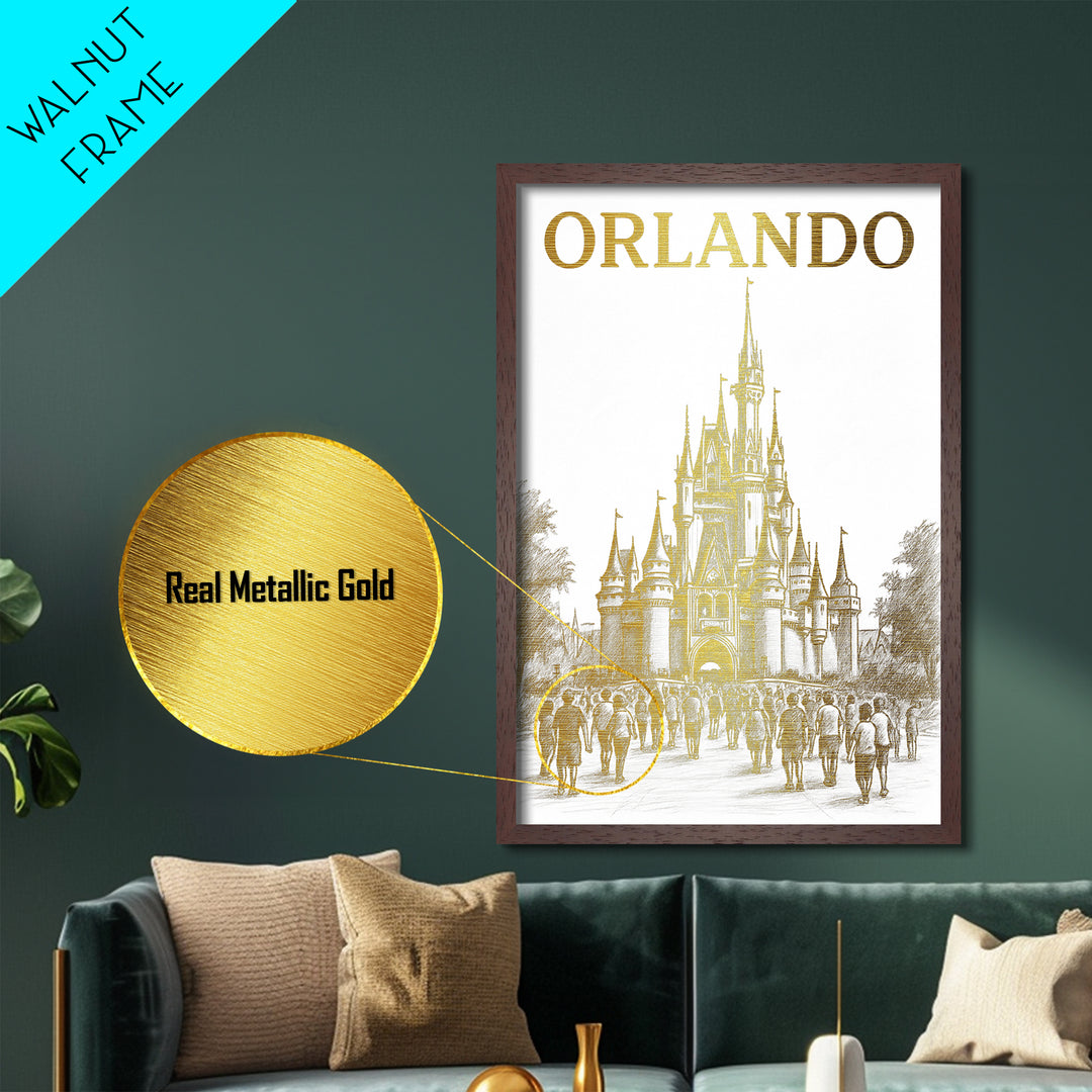 Orlando Florida travel, Metallic Gold Print, Closing Gift, Metal Art, Wood Framed Art, Anniversary Travel Gift, Retirement Travel Gift
