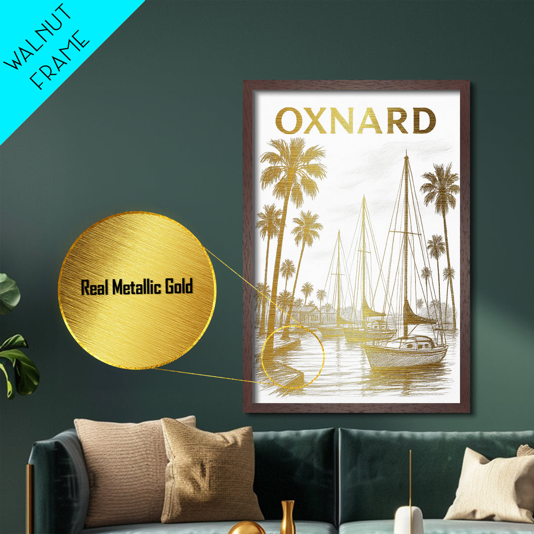 Oxnard California travel, Metallic Gold Print, Modern House Art, Metal Art, Wood Framed Art, Traveler Gift, Destination Gift