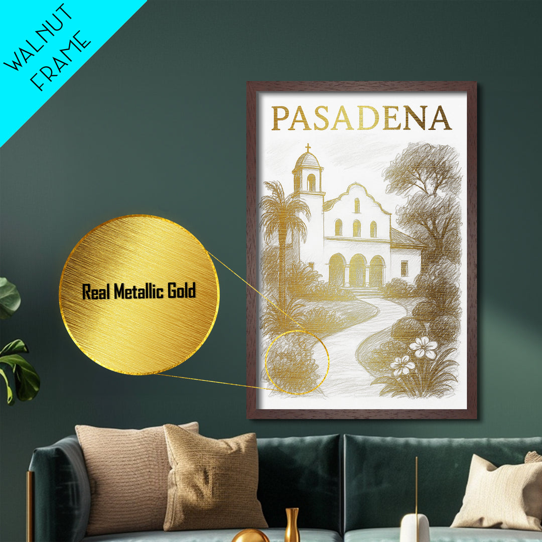 Pasadena California travel, Metallic Gold Print, Closing Gift, Metal Art, Wood Framed Art, Anniversary Travel Gift, Retirement Travel Gift
