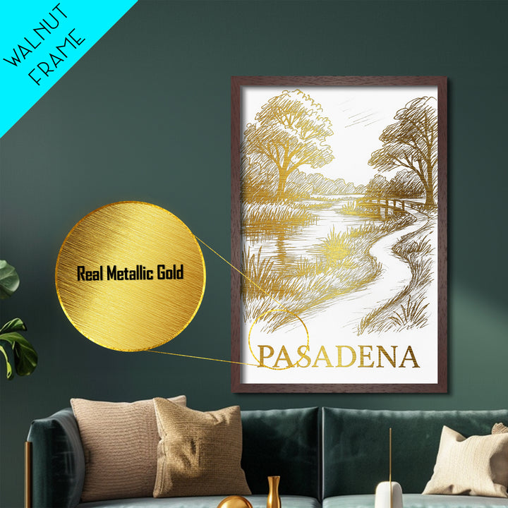 Pasadena Texas travel, Metallic Gold Print, Modern House Art, Metal Art, Wood Framed Art, Wanderlust Gift, Travel Art Prints