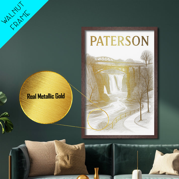 Paterson New Jersey travel, Metallic Gold Print, Modern House Art, Metal Art, Wood Framed Art, Traveler Gift, Destination Gift