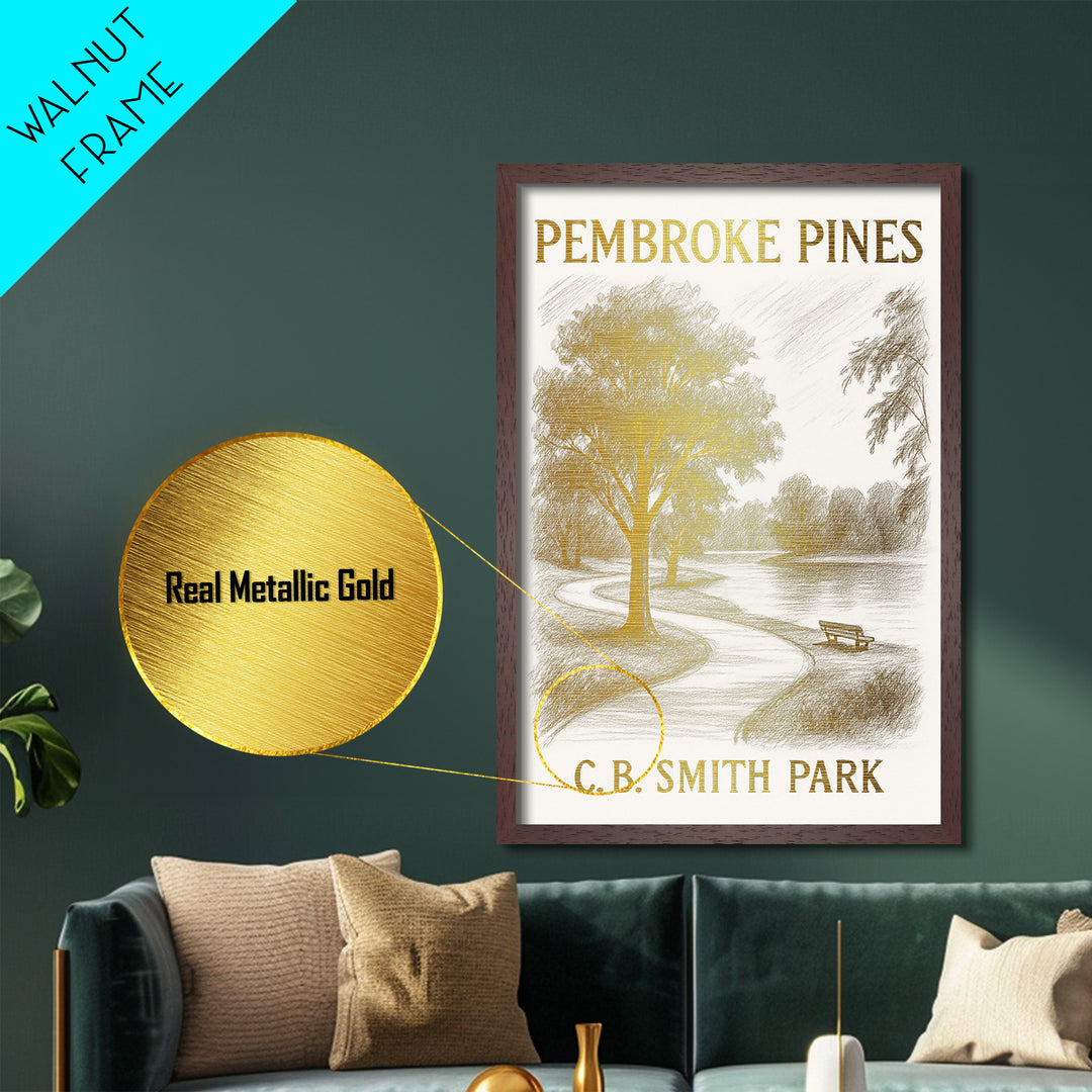 Pembroke Pines Florida travel, Metallic Gold Print, Modern Skyline Wall Print, Metal Art, Wood Framed Art, Adventure Lover Gift