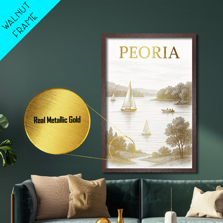 Peoria Illinois travel, Metallic Gold Print, Closing Gift, Metal Art, Wood Framed Art, Anniversary Travel Gift, Retirement Travel Gift