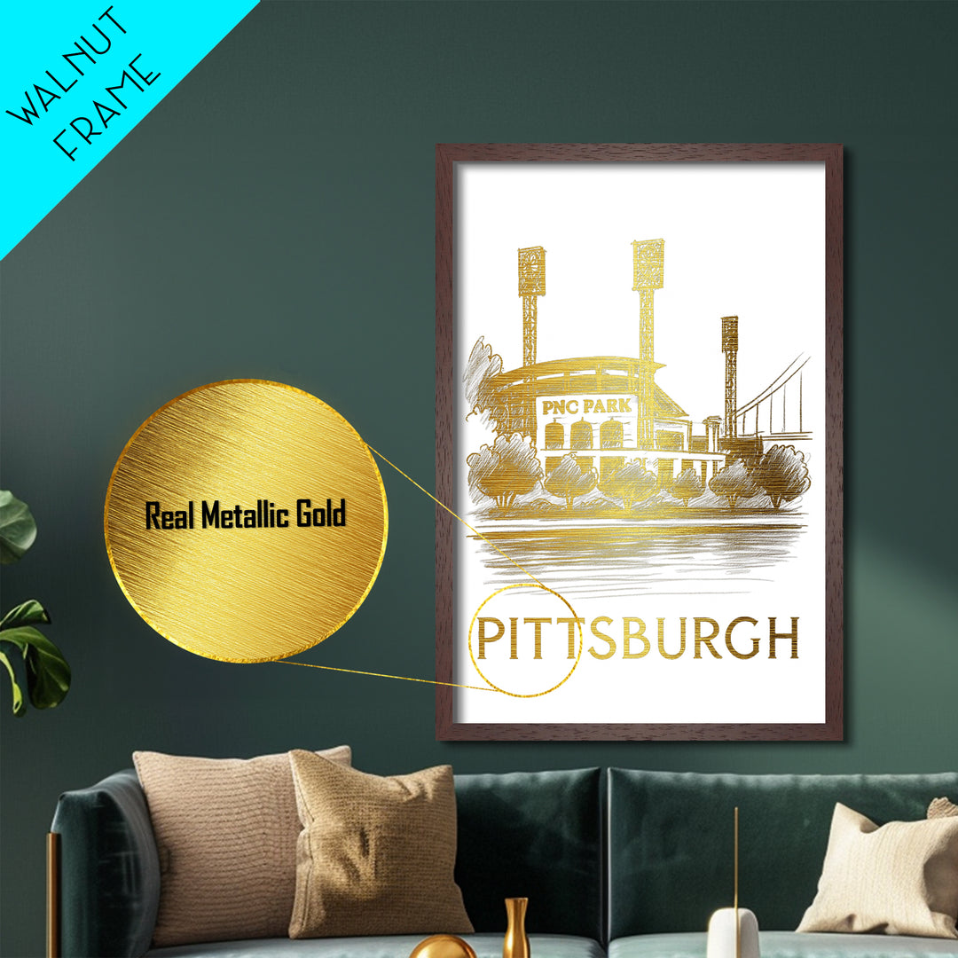 Pittsburgh Pennsylvania travel, Metallic Gold Print, Modern Skyline Wall Print, Metal Art, Wood Framed Art, Adventure Lover Gift
