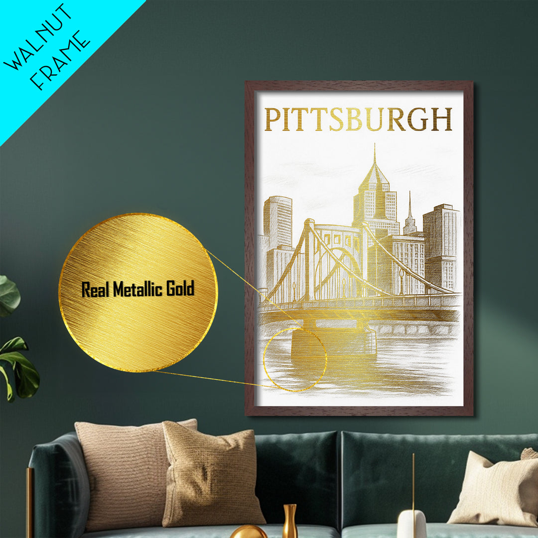 Pittsburgh Pennsylvania art, Metallic Gold Art, Housewarming Gift, Metal Art, Wood Framed Art, Newlywed Travel Gift, Honeymoon Gift