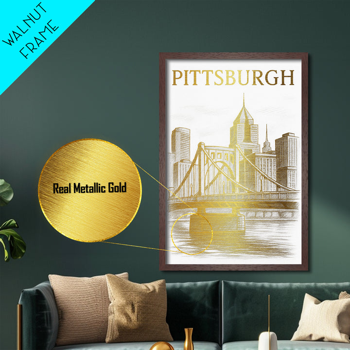 Pittsburgh Pennsylvania art, Metallic Gold Art, Housewarming Gift, Metal Art, Wood Framed Art, Newlywed Travel Gift, Honeymoon Gift