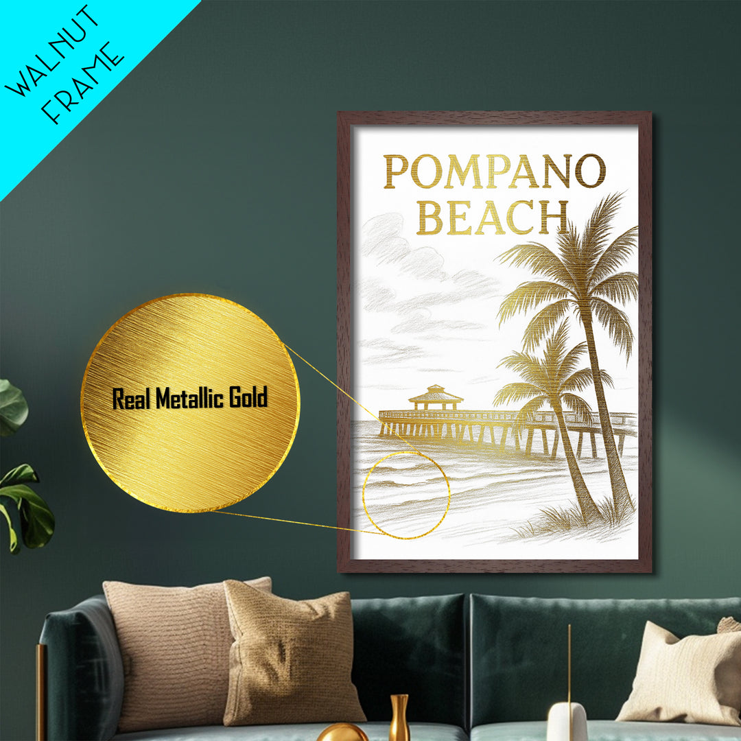 Pompano Beach Florida travel, Metallic Gold Print, Modern House Art, Metal Art, Wood Framed Art, Traveler Gift, Destination Gift