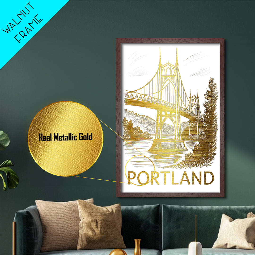 Portland Oregon art, Metallic Gold Art, Best Friend Gifts, Metal Art, Wood Framed Art, Birthday Travel Gift, Destination Gift