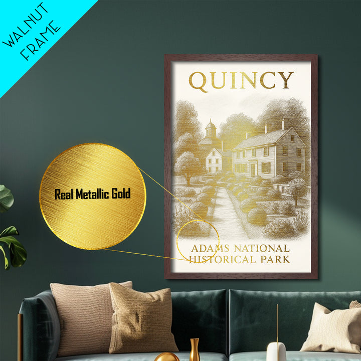 Quincy Massachusetts travel, Metallic Gold Print, College Dorm Décor, Metal Art, Wood Framed Art, Graduation Travel Gift, Traveler Gift