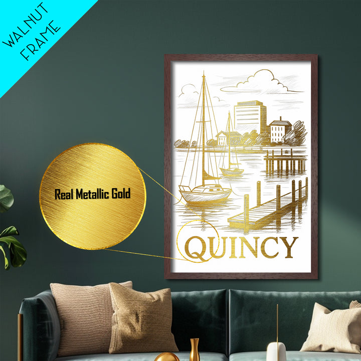 Quincy Massachusetts art, Metallic Gold Art, Best Friend Gifts, Metal Art, Wood Framed Art, Birthday Travel Gift, Destination Gift
