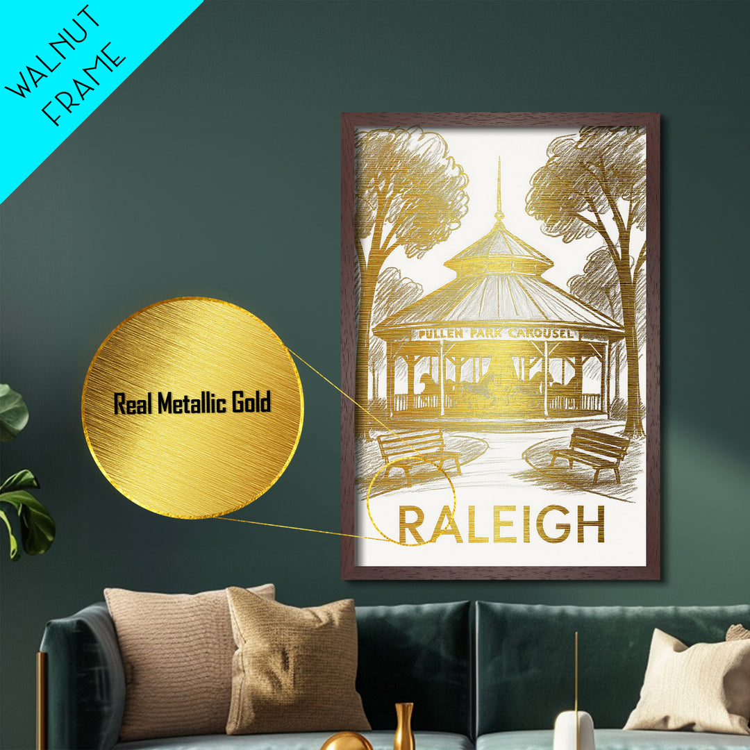 Raleigh North Carolina art, Metallic Gold Art, Housewarming Gift, Metal Art, Wood Framed Art, Newlywed Travel Gift, Honeymoon Gift