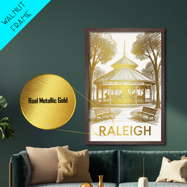 Raleigh North Carolina art, Metallic Gold Art, Housewarming Gift, Metal Art, Wood Framed Art, Newlywed Travel Gift, Honeymoon Gift