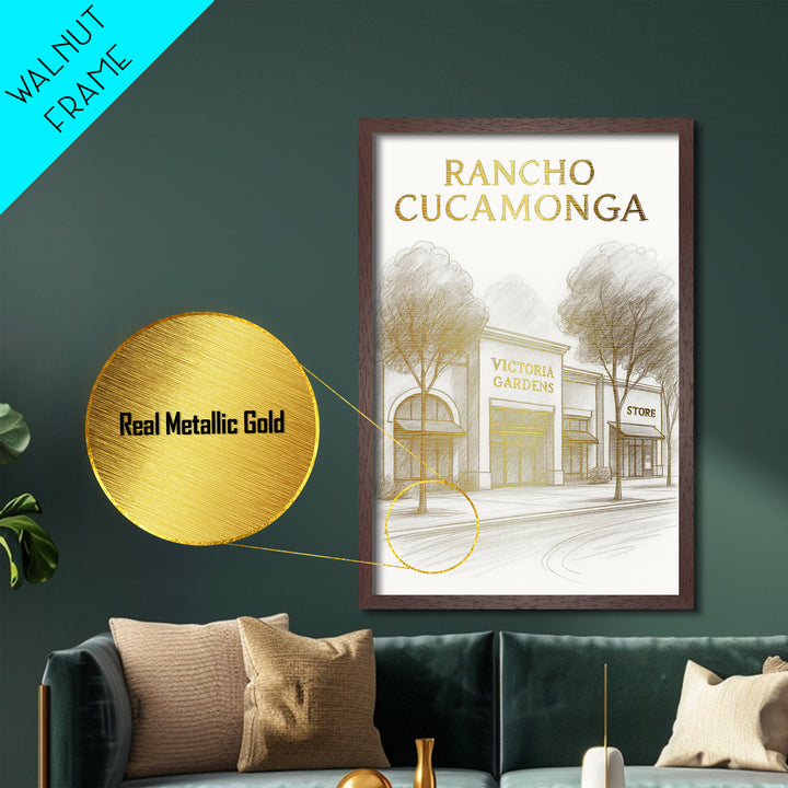 Rancho Cucamonga California travel, Metallic Gold Print, Closing Gift, Metal Art, Wood Framed Art, Anniversary Travel Gift, Retirement Gift