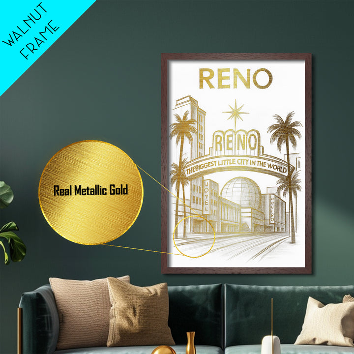 Reno Nevada travel, Metallic Gold Print, Modern House Art, Metal Art, Wood Framed Art, Wanderlust Gift, Travel Art Prints