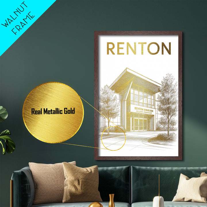 Renton Washington travel, Metallic Gold Print, Modern House Art, Metal Art, Wood Framed Art, Traveler Gift, Destination Gift
