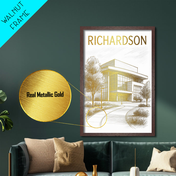 Richardson Texas travel, Metallic Gold Print, Modern Skyline Wall Print, Metal Art, Wood Framed Art, Adventure Lover Gift, Travel Gift