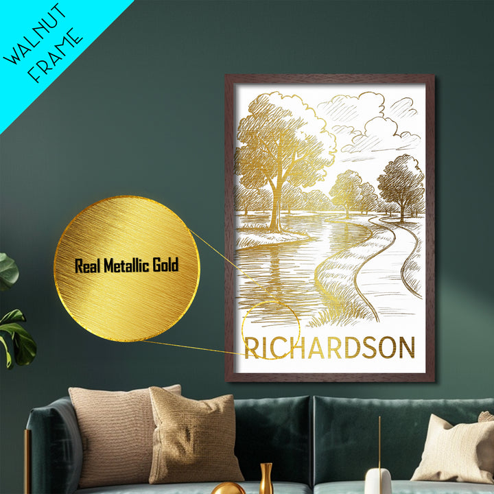 Richardson Texas art, Metallic Gold Art, Housewarming Gift, Metal Art, Wood Framed Art, Newlywed Travel Gift, Honeymoon Gift
