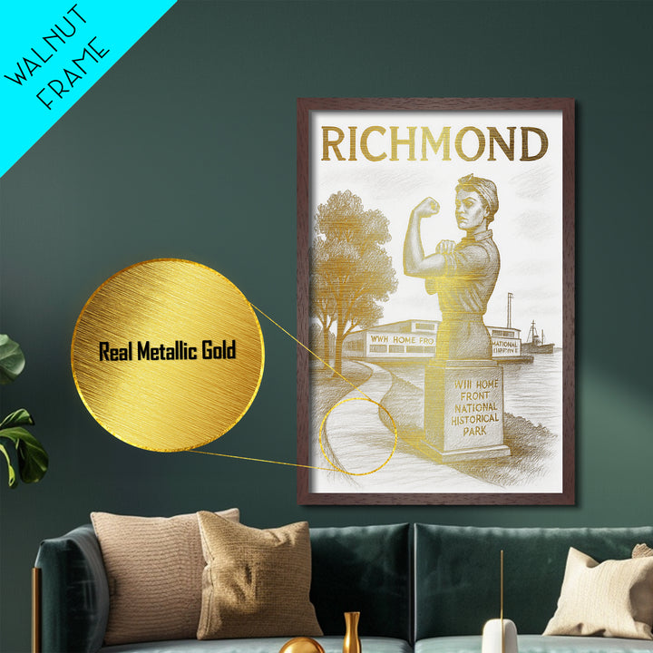 Richmond Virginia travel, Metallic Gold Print, Closing Gift, Metal Art, Wood Framed Art, Anniversary Travel Gift, Retirement Gift