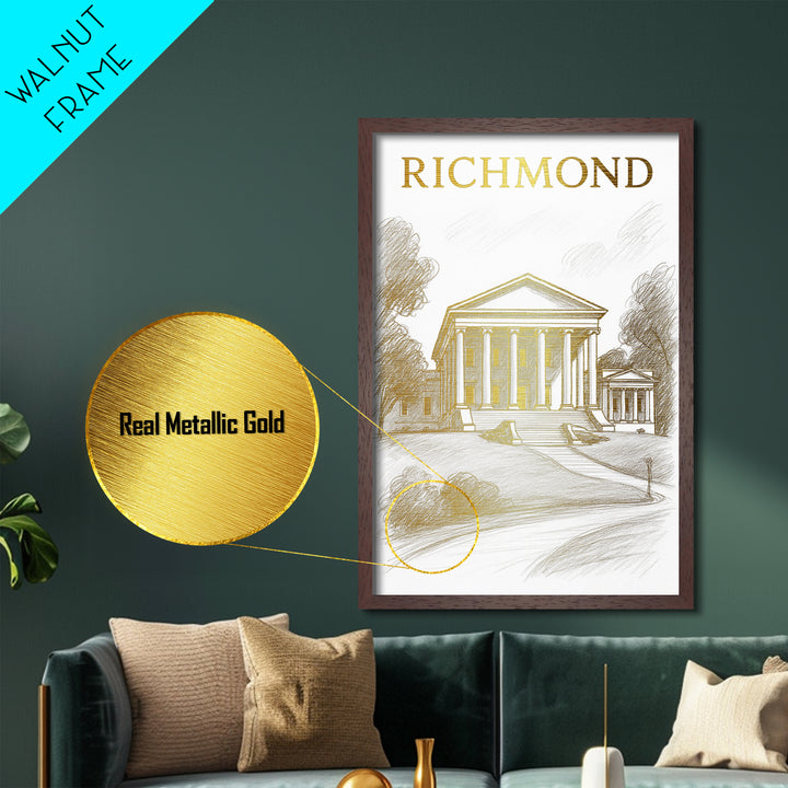 Richmond Virginia art, Metallic Gold Art, Office Decor, Metal Art, Wood Framed Art, Graduation Travel Gift, Destination Gift