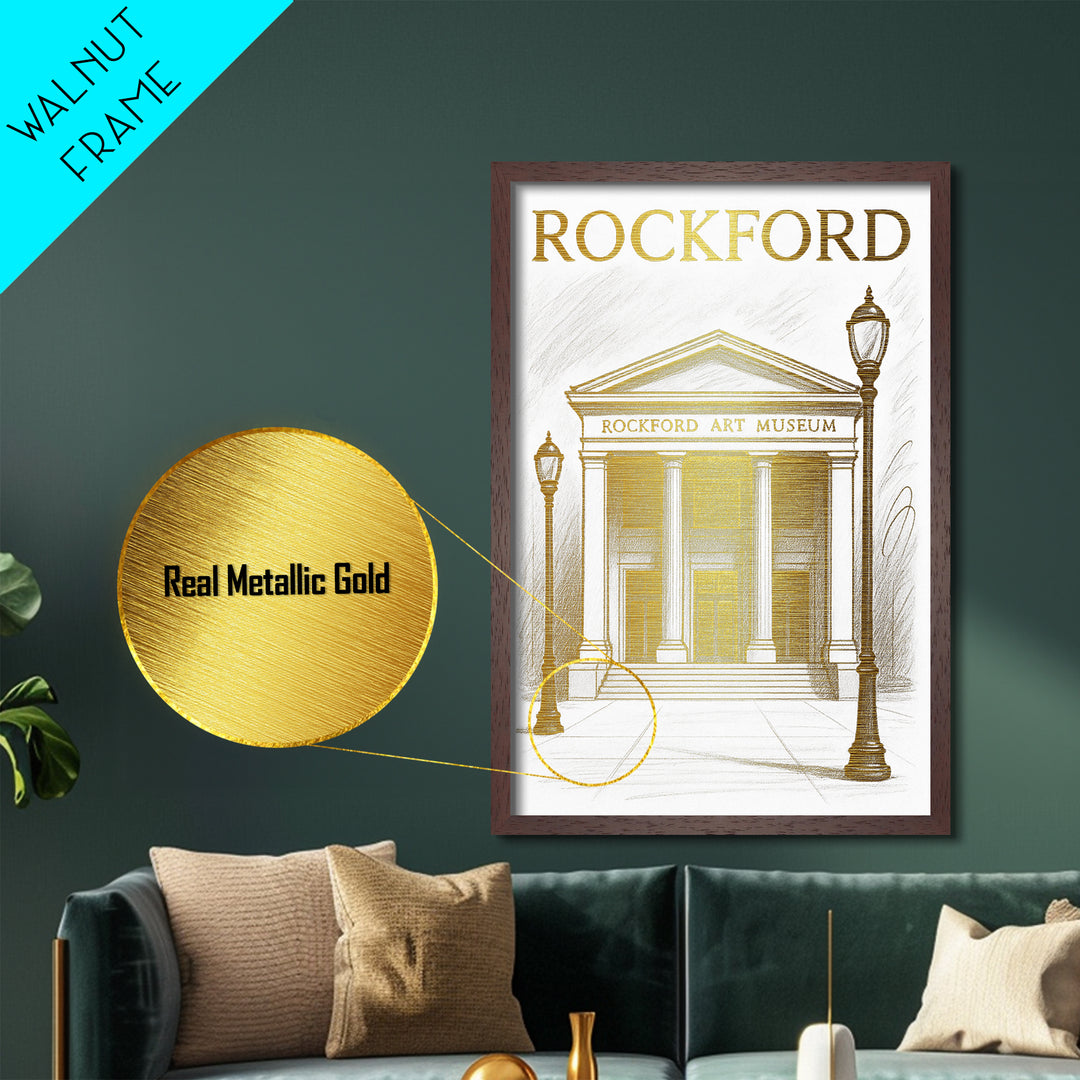 Rockford Illinois travel, Metallic Gold Print, Modern House Art, Metal Art, Wood Framed Art, Wanderlust Gift, Travel Art Prints