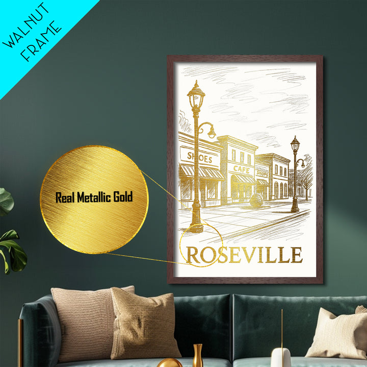 Roseville California art, Metallic Gold Art, Modern House Art, Metal Art, Wood Framed Art, Graduation Travel Gift, Travel Gift