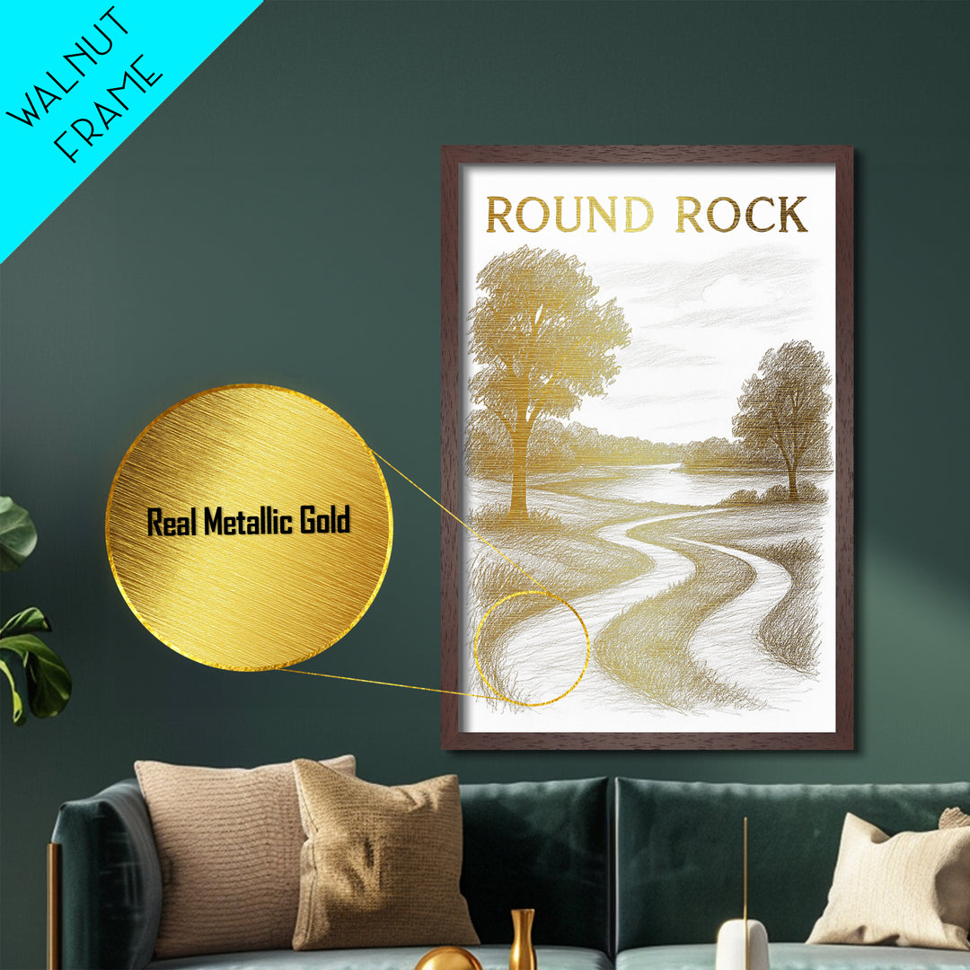 Round Rock Texas travel, Metallic Gold Print, College Dorm Décor, Metal Art, Wood Framed Art, Graduation Travel Gift, Traveler Gift