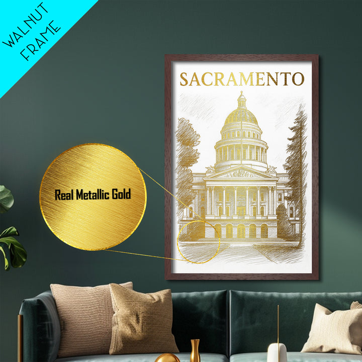 Sacramento California travel, Metallic Gold Print, Modern Skyline Wall Print, Metal Art, Wood Framed Art, Adventure Lover Gift, Travel Gift