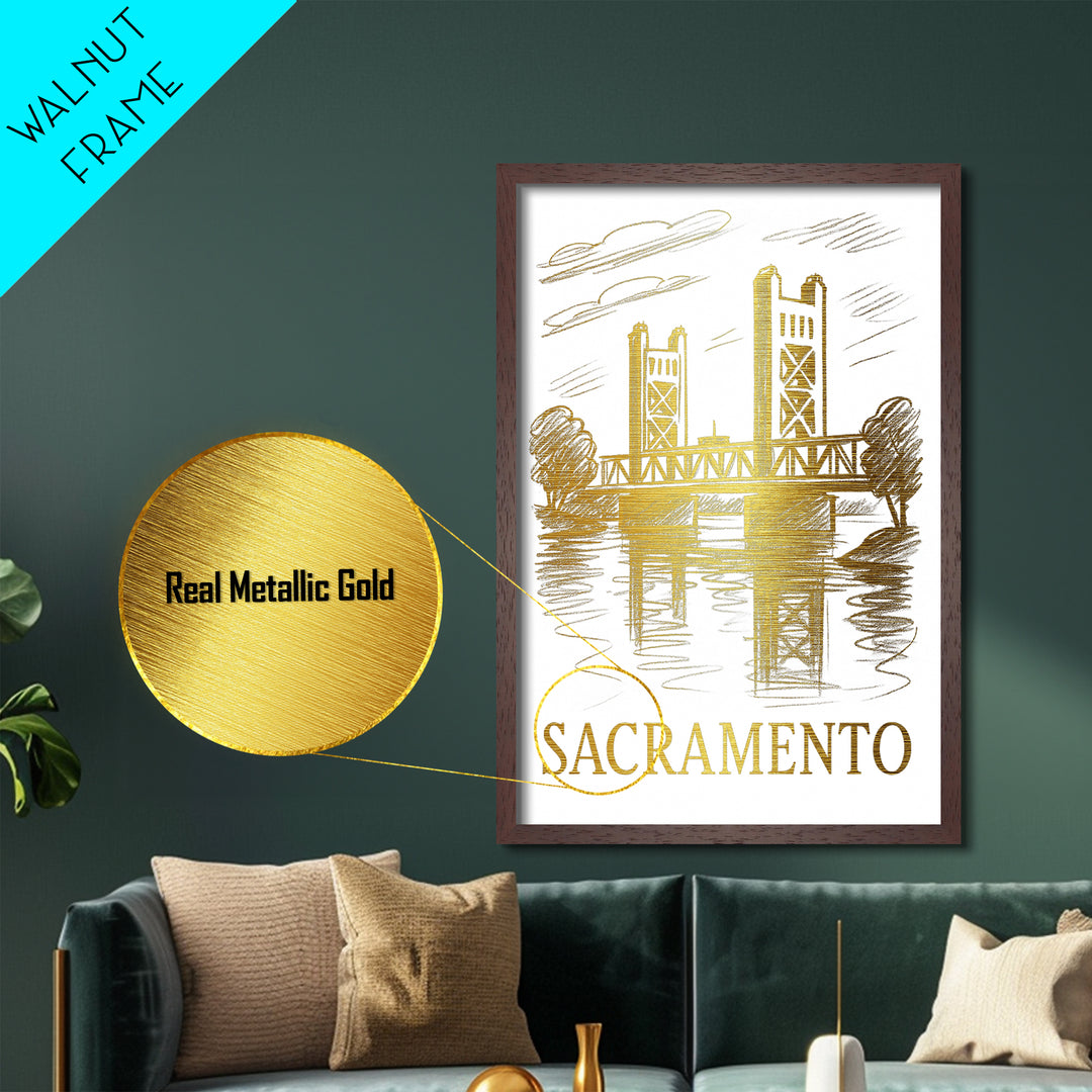 Sacramento California art, Metallic Gold Art, Housewarming Gift, Metal Art, Wood Framed Art, Newlywed Travel Gift, Honeymoon Gift