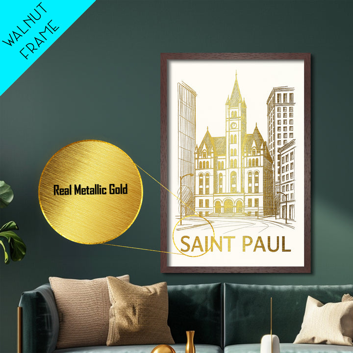 Saint Paul Minnesota art, Metallic Gold Art, Office Decor, Metal Art, Wood Framed Art, Graduation Travel Gift, Destination Gift