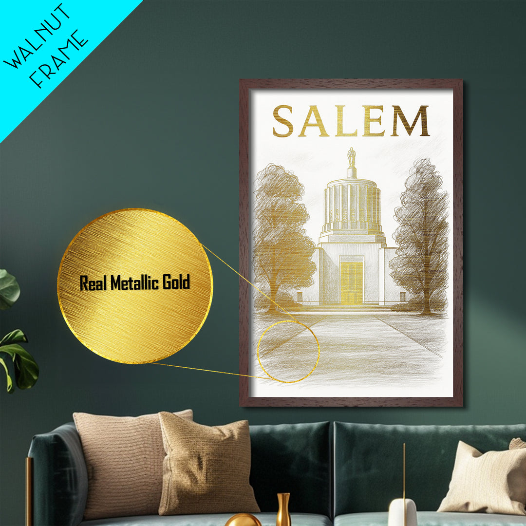 Salem Oregon travel, Metallic Gold Print, Modern House Art, Metal Art, Wood Framed Art, Wanderlust Gift, Travel Art Prints