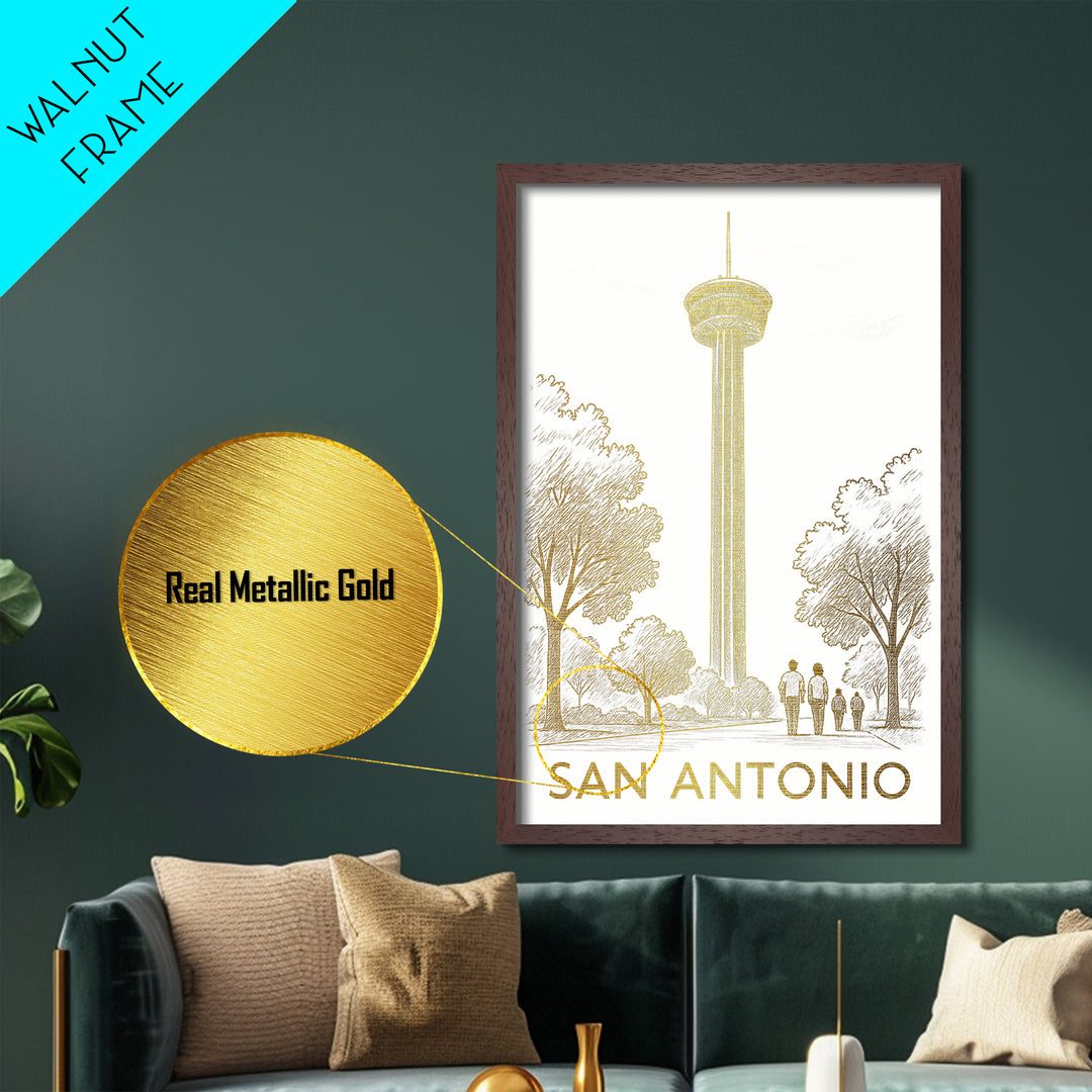 San Antonio Texas art, Metallic Gold Art, Housewarming Gift, Metal Art, Wood Framed Art, Newlywed Travel Gift, Honeymoon Gift