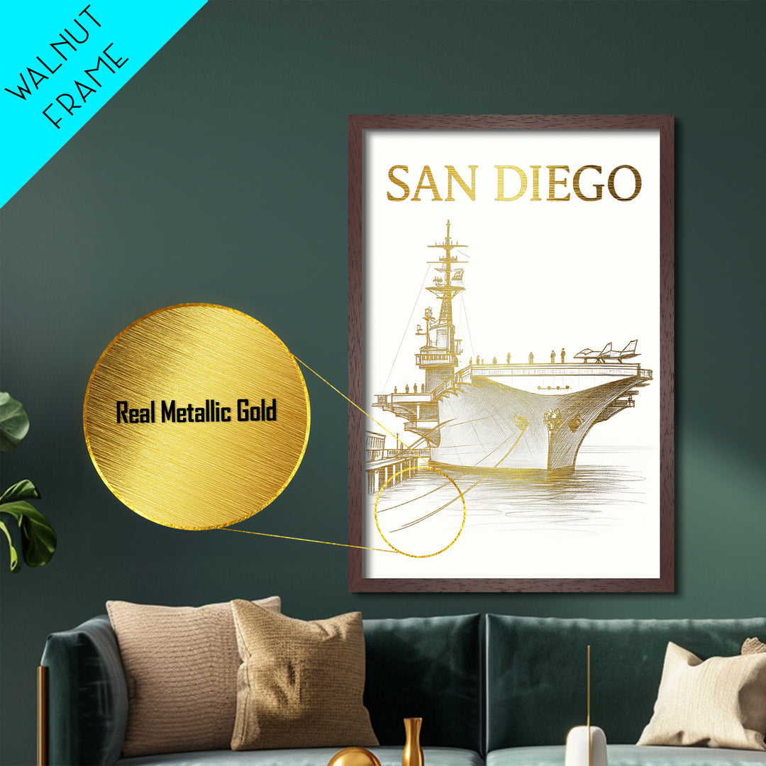 San Diego California art, Metallic Gold Art, Travel Art Prints, Metal Art, Wood Framed Art, Adventure Lover Gift, Traveler Gift