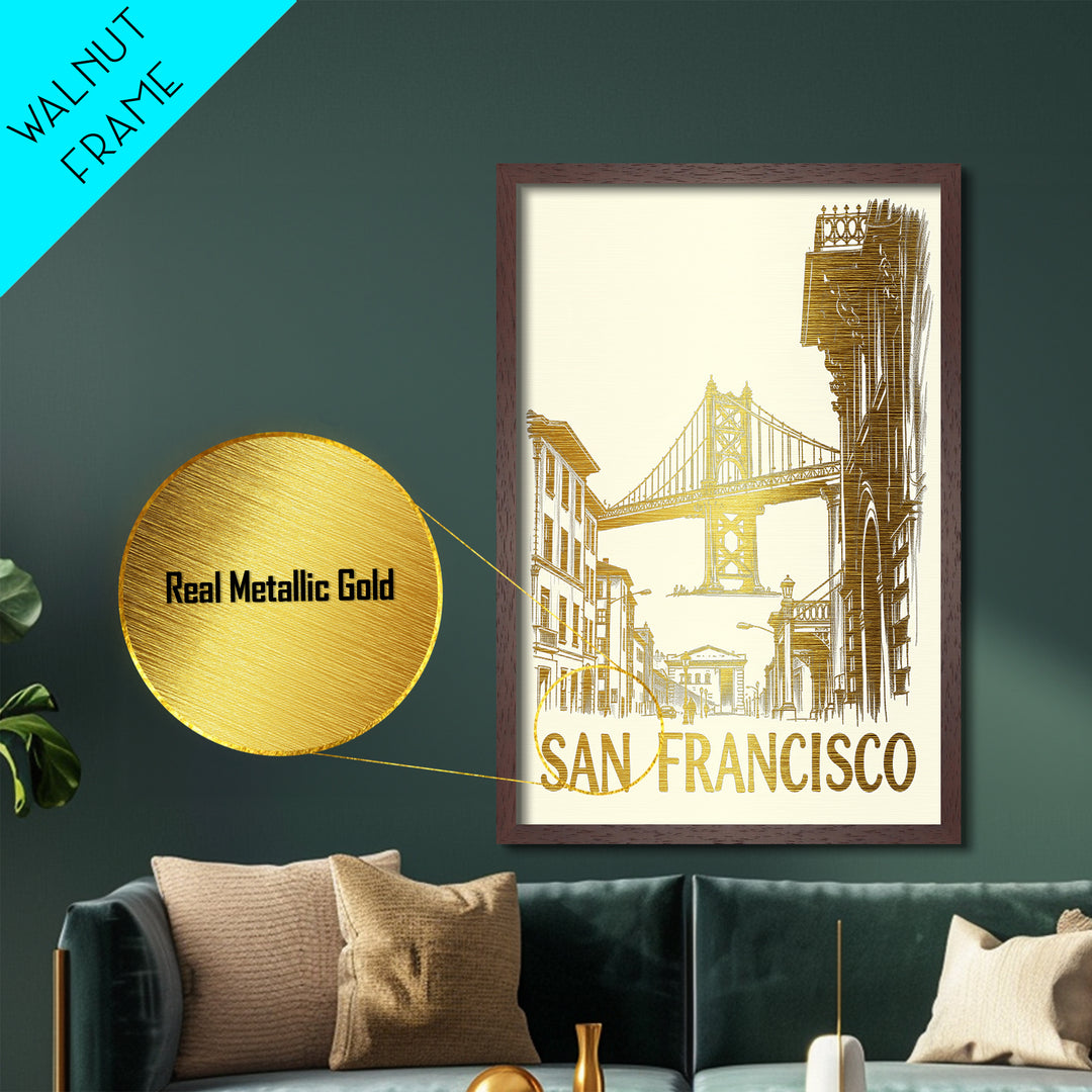 San Francisco California travel, Metallic Gold Print, College Dorm Décor, Metal Art, Wood Framed Art, Graduation Travel Gift, Traveler Gift