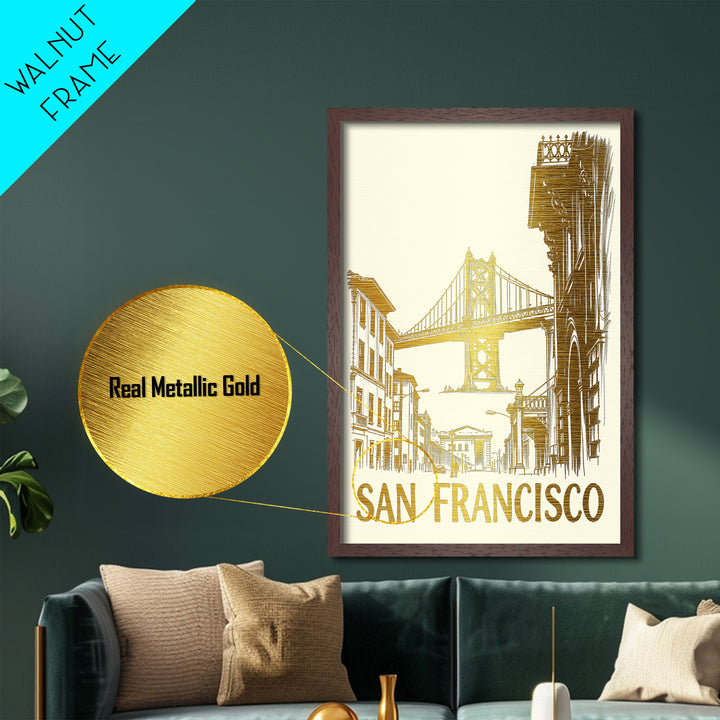 San Francisco California travel, Metallic Gold Print, College Dorm Décor, Metal Art, Wood Framed Art, Graduation Travel Gift, Traveler Gift
