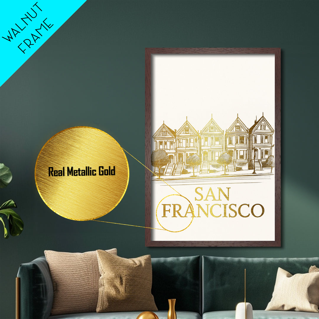 San Francisco California travel, Metallic Gold Print, Modern Skyline Wall Print, Metal Art, Wood Framed Art, Adventure Lover Gift