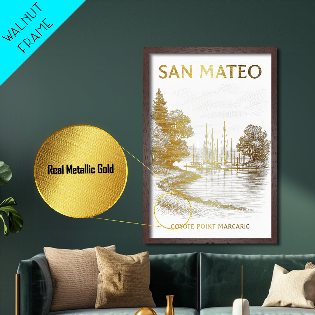 San Mateo California travel, Metallic Gold Print, Office Decor, Metal Art, Wood Framed Art, Graduation Travel Gift, Destination Gift