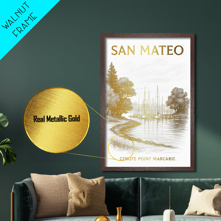 San Mateo California travel, Metallic Gold Print, Office Decor, Metal Art, Wood Framed Art, Graduation Travel Gift, Destination Gift
