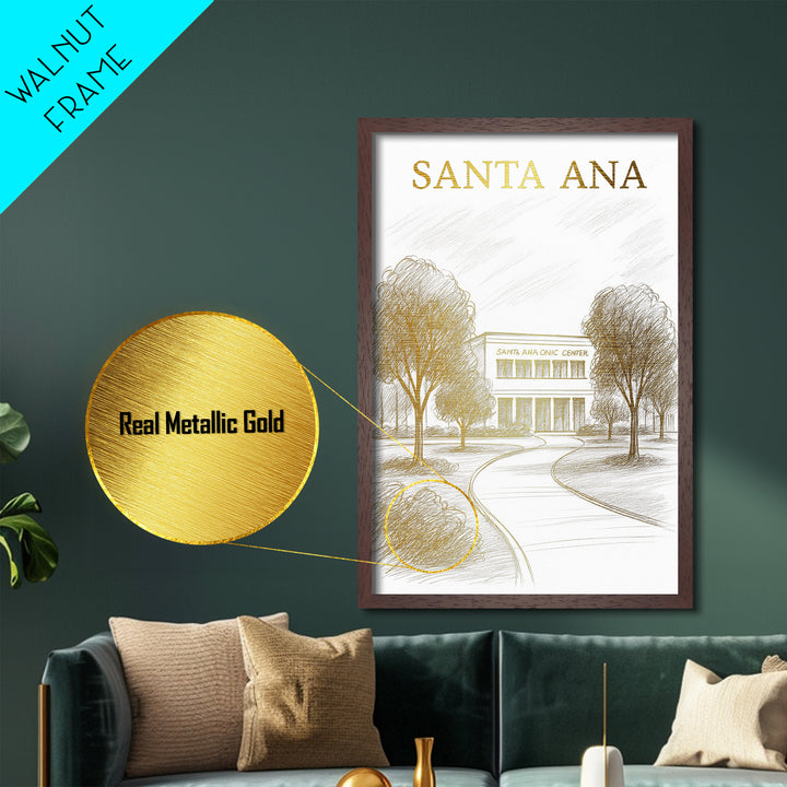 Santa Ana California travel, Metallic Gold Print, Modern House Art, Metal Art, Wood Framed Art, Traveler Gift, Destination Gift