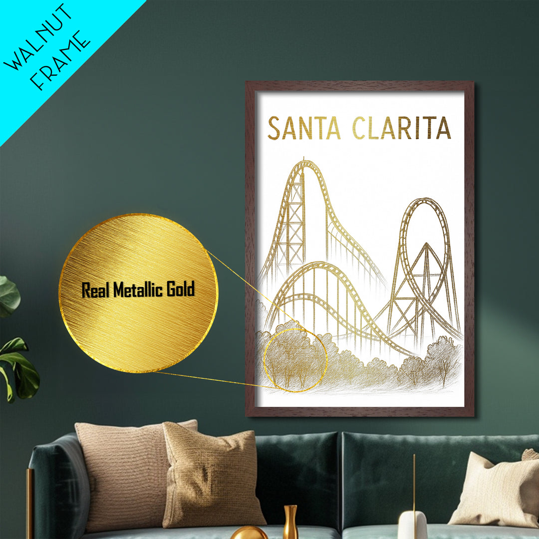 Santa Clarita California travel, Metallic Gold Print, Modern Skyline Wall Print, Metal Art, Wood Framed Art, Adventure Lover Gift